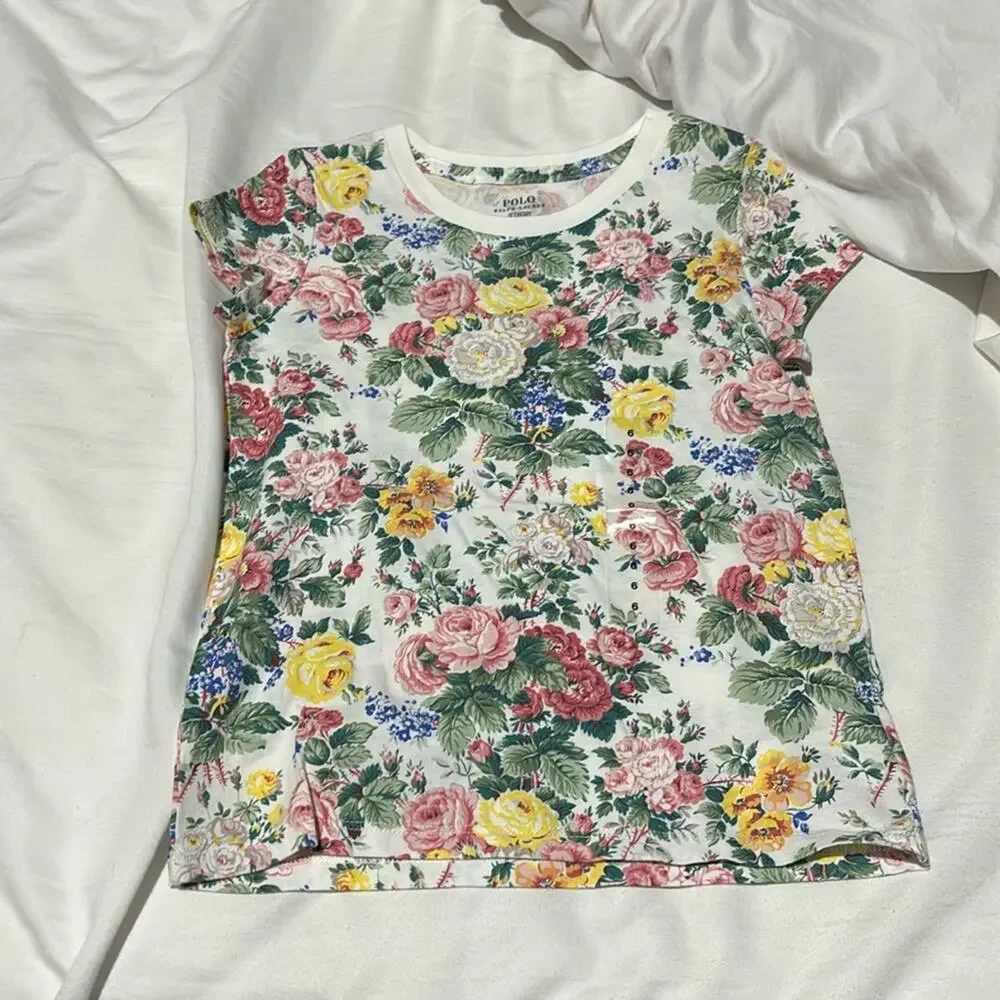 Ralph Lauren 6 💯cotton floral t shirt sage green white pink nwot soft